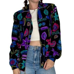 Vintage 1990s Teddi Black Floral Jacket Zip Up Collared Abstract Print Medium